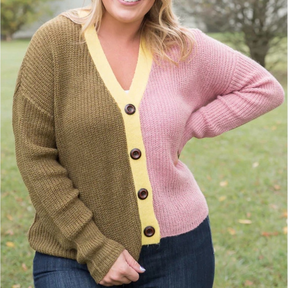 White Birch Pink Yellow Green Button Up Color Block Oversized Cardigan